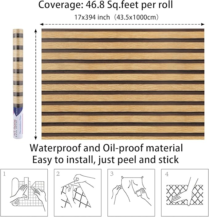 Arthome 17''x393'' Wood Slat Wallpaper Peel and Stick self Adhesive Wood Wallpaper PVC Vinyl Decorative Removable Wallpaper Waterproof Faux Wood Grating Stripe Contact Paper for Living Room Bedroom