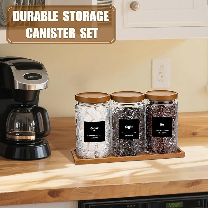 3 Pcs Glass Coffee Container Set with Wooden Lid Spoon Shelf Labels Clear Sugar Tea Airtight Jar Food Storage Canisters Set for Spice Holder Coffee Bar Gifts(Sunflower,32 oz)
