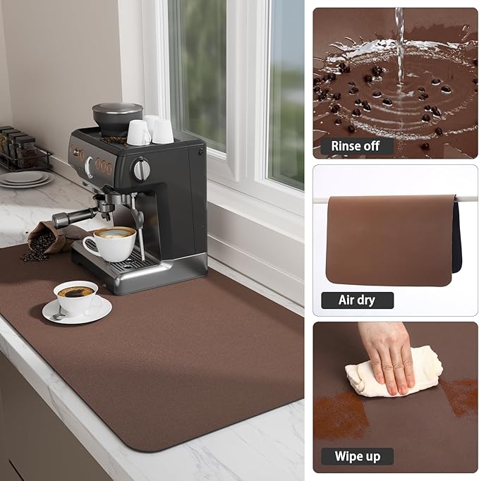 Ecotrim Absorbent Coffee Mat , Stain Hiding PU Leather Surface, Non-Slip Natural Rubber Backing, Quick Dry Mat for Espresso Machine, Kitchen Counter ,Brown | 17" x 31.5"