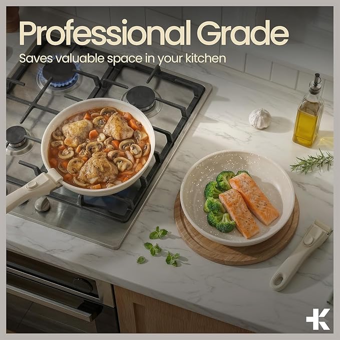 Pots & Pans Set Non Stick Ceramic-Granite – 14-Piece Cookware with Detachable Handles, Stackable Space-Saving, Dishwasher Safe, Stain-resistant, Oven & All-Stove Safe, Tempered Glass Lids, White Cream