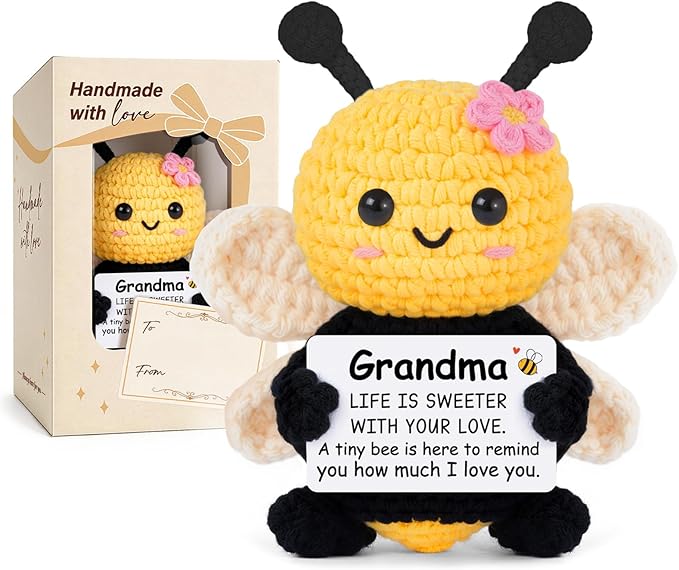 Mothers Day Grandma Gifts from Granddaughter Grandson, Birthday Gifts for Grandma - Cute Handmade Crochet Bee - Valentines for Grandmother, Emotional Support Crochet Decor