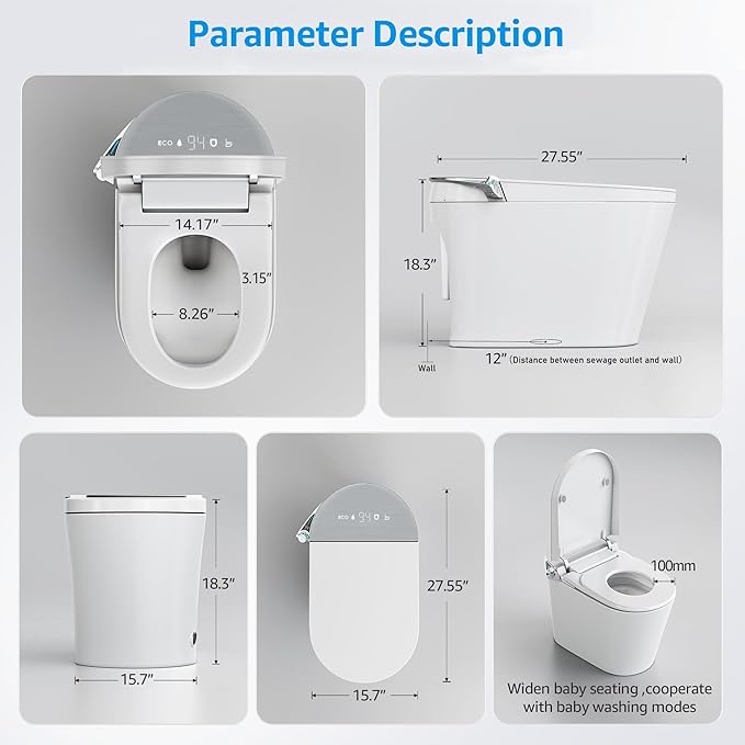 Smart Toilet with Bidet Built In, Auto Open & Close, Foot Sensor Flush, Heated Seat, Warm Water, Dryer, Tankless Dual Flush Elongated Toilet, Foam Shield, LED Night Light & Remote Control