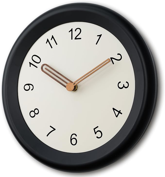 Mosewa 10 Inch Black Wall Clock Silent Non-Ticking Quartz Battery Operated Analog Clock with Wood Hands, Easy to Read Minimalist Round Clock for Kitchen Living Room Bedroom Office