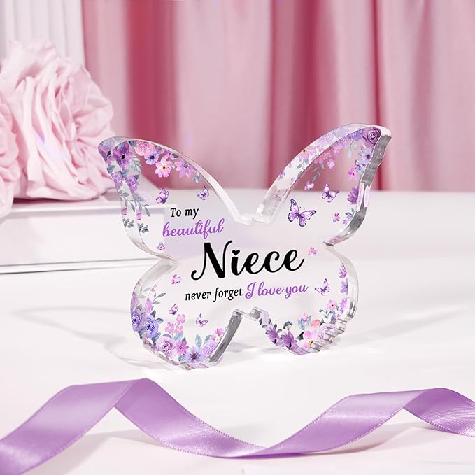 Niece Gifts from Auntie Aunt Uncle - Unique Purple Butterfly Acrylic Plaque Desk Decor - Mothers Day Christmas Valentines Day Graduation Gift for Niece - 5 x 3.8 x 0.5 inches