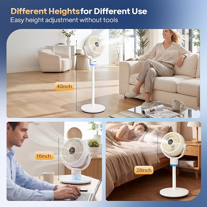 ROVSUN 3-in-1 Standing Fan for Bedroom, 40" Pedestal & Tabletop Fan, 120°+90°Omni-directional Oscillating Fan with Remote, Mood Lighting, 3 Speeds, 12H Timer and Adjustable Height, White 2-Pack