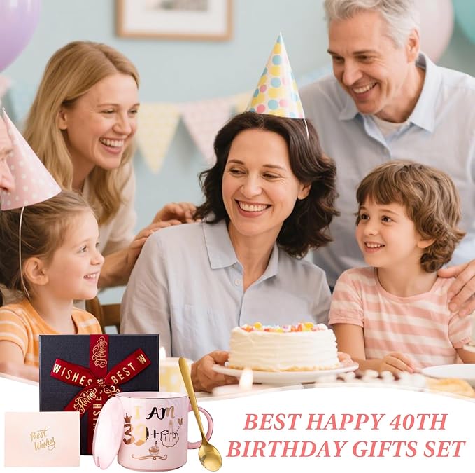 Funny 40th Birthday Gifts for Women - 14oz Pink Marble Ceramic Gold Print Coffee Mug with Cheeky “39+1” Design, Greeting Card & Luxury Gift Box, Celebrating Her Fabulous 40th with Humor and Style