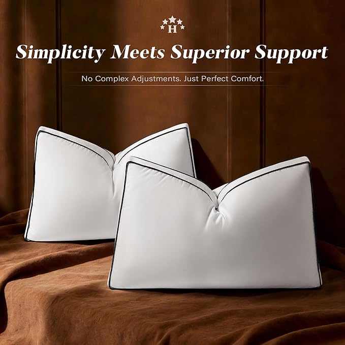 Goose Feather Down Pillows Standard Size Set of 2, Down Surrounded Hotel Collection Bed Pillow for Sleeping with Gusset, 2 Pack, Fluffy Plush for Side, Back Sleepers 20x26 in.