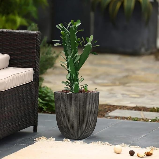 Vintage Black Faux Cement Ribbed Planter, 12.4"H Tall Tapered Egg-Shaped Plastic Plant Pot with Drainage Hole & Plug, Large Modern Indoor Outdoor Flower Pot for Home, Garden, Patio and Houseplants