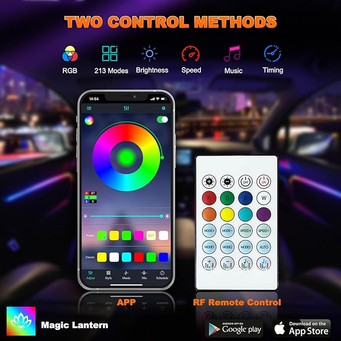 Jushope Interior Car LED Strip Lights, Acrylic LED Lights for Car with Dynamic Dreamcolor Chasing, Ambient Lighting Kits Music Sync Wireless APP and RF Remote Control (6 in 1)