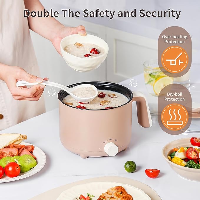 Hot Pot Electric 1.5L, Portable Ramen Non-Stick Cooker for Noodles, Soup, Oatmeal, Ramen Pot with Boil Dry Protection for Dorm, Office, Travel