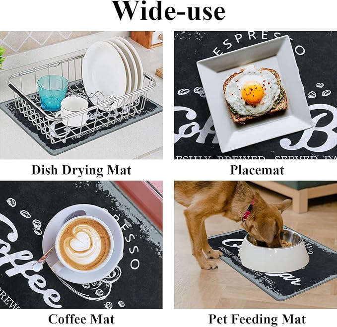 SHACOS Coffee Mat 2-Pack 12x19 Inch Absorbent Non Slip Coffee Maker Mats for Countertop Coffee Bar Accessories Dish Drying Mat Waterproof Heat Resistant, Vintage Black