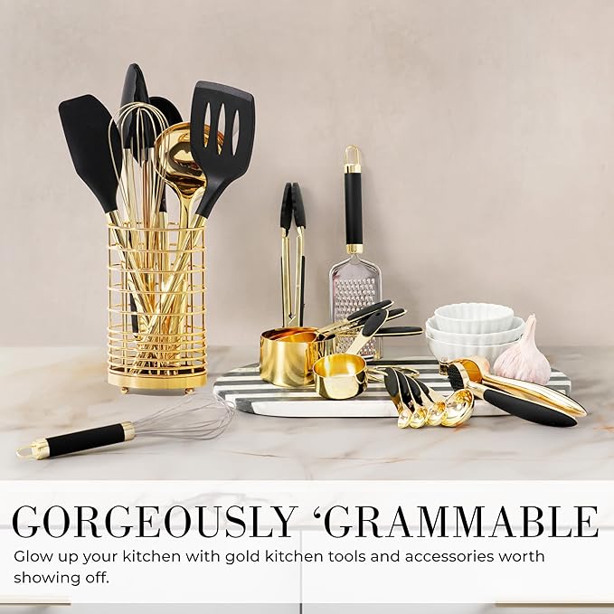 Black and Gold Kitchen Utensils Set - 23-Piece Luxury Kitchen Accessories Includes Gold Measuring Cups, Spoons, Silicone Cooking Utensils and Tools for Baking, Cooking, and Stylish Kitchen Decor