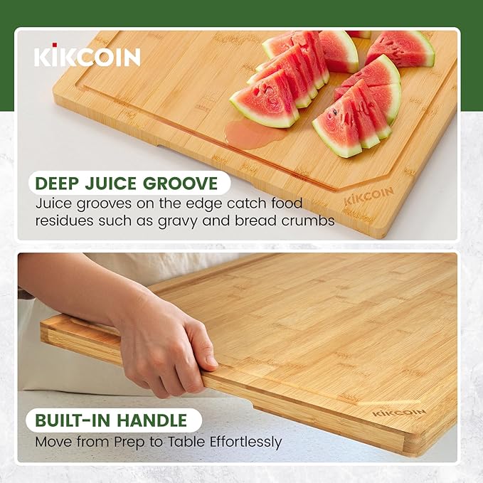 Kikcoin 30”×20” Bamboo Cutting Boards for Kitchen, Heavy Duty Wooden Cutting Boards, Healthy Extra Large Chopping Boards with Deep Juice Groove and Handle, Oversized Stove Top Cover, Natural