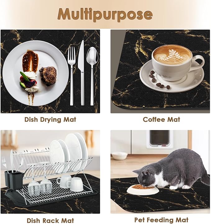 Arttown Coffee Mat for Countertops, Marble Black Gold Dish Drying Mat 2 Pcs for Kitchen Bar Accessories, Fit Under Coffee Maker Espresso Machine Dish Rack Hide Stain Rubber Backed 12x19in