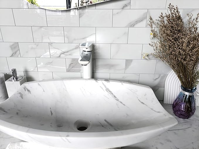 Colamo 6”×12” Swatch Peel and Stick Backsplash,Self Adhesive Faux Stone White Subway Tile for Kitchen, Glossy Carrara Brick Marble Tile Look,Stick on Accent Wall for Bathroom,Vanity,Laundry,Stove