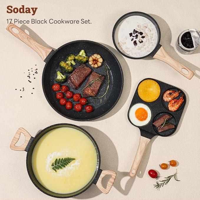 SODAY Pots and Pans Set Non Stick, 17Pcs Black Granite Induction Cookware | PFAS/PFOA/PFOS Free Nonstick Kitchen Cooking Set, Stay-Cool Handles, Pot Protectors, Eggs Pan, Fry Pans & Saucepans