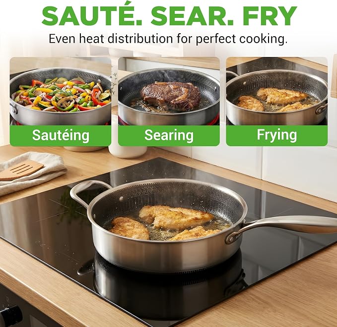 NutriChef 3.4QT Deep Frying Pan with Lid - Stainless Steel Non-Stick Saute Pan, Scratch-Resistant Honeycomb Texture, Oven & Induction Safe Skillet