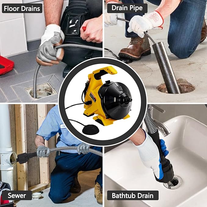 Electric Drain Cleaner Machine, 30FT Strong Flexible Cable, Auto-Feed Electric Drain Auger for 3/4"-2" Pipes, for Sinks, Tubs & Floor Drains, Enclosed Drum, Easy-to-Use DIY Clog Removal Tool