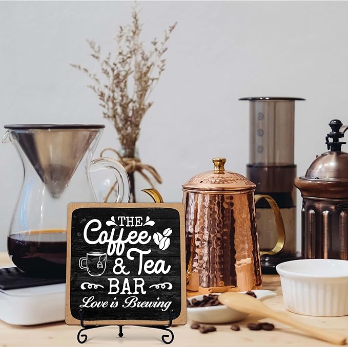 Coffee Bar Sign, Love is Brewing Farmhouse Tabletop Decor, Coffee and Tea Lover Gifts, 5x5 Wood Plaque with Iron Stand for Home Kitchen Cafe, Coffee Bar Decor – L04