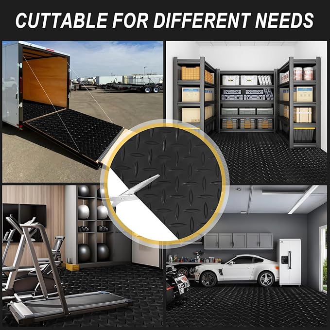 Grandroad auto 10x20 FT Garage Floor Mat, 2.8mm Thickened Flooring Roll for Under Car Diamond Plate PVC Rubber Mat with 20 Pcs Tapes, Non-Slip Floor Mat for Garage, Warehouse, Gyms, Trailer, Black