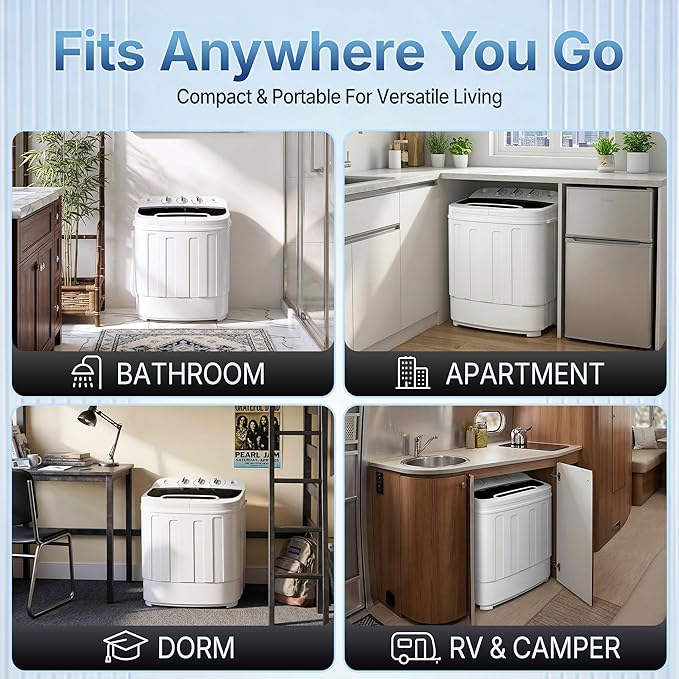 SUPER DEAL Compact Mini Twin Tub Washing Machine 13lbs Capacity Portable Washer Wash and Spin Cycle Combo, Built-in Gravity Drain for Camping, Apartments, Dorms, College, RV’s and Small Spaces