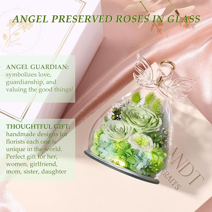 FIACO Gifts for Women Birthday Preserved Rose Forever Flower in Glass Angel Figurines Fresh Flowers for Delivery Prime for Mom Real Orange Roses for Grandma Sister Wife Her from Daughter