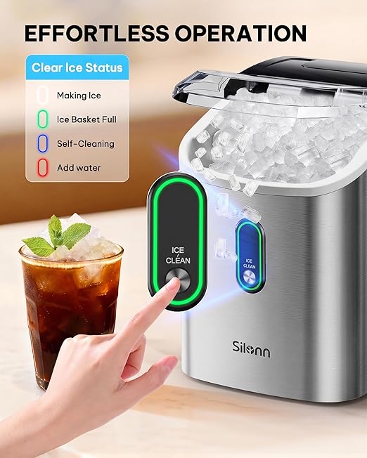 Silonn Nugget Ice Maker Countertop, Pellet Ice Machine with Self-Cleaning Function, Sonic Ice Maker Produces 36lbs of Chewable Ice in 24 Hours, Ideal for Home Kitchen and Office (Stainless Steel)