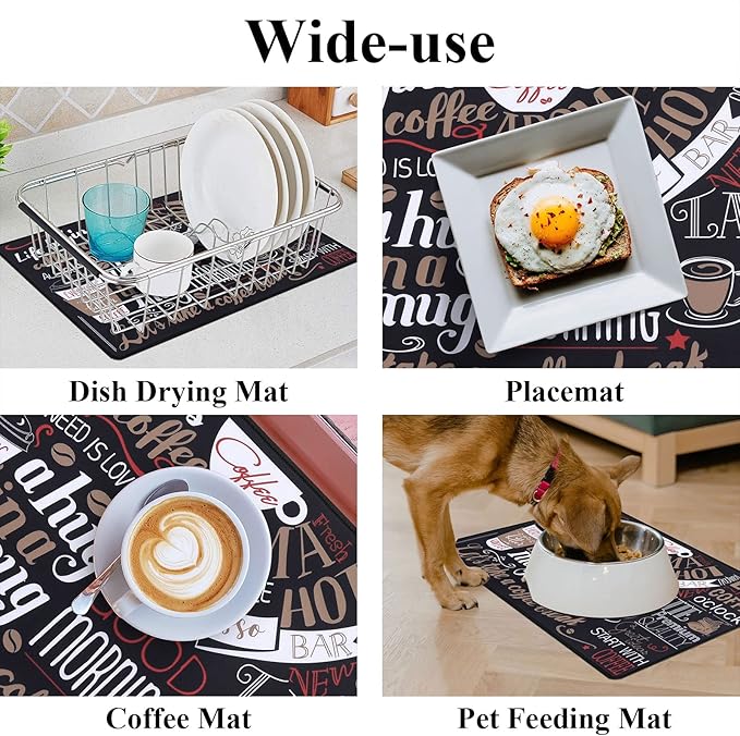 SHACOS Coffee Mat 2-Pack 12x19 inch Absorbent Non Slip Rubber Coffee Maker Mat for Countertop Bar Accessories Espresso Heat Resistant, Black Red