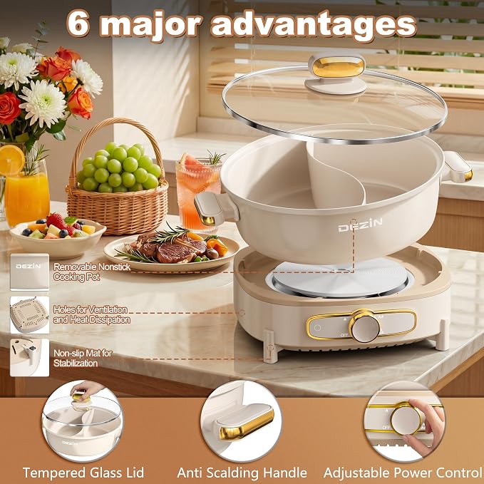 Dezin 6L Hot Pot Electric with Divider, Shabu Shabu Pot with Power Control | Removable 1500W Chinese Hot Pot, Non-Stick Hotpot with Multi-Power Adjustment, 3" Depth Double-Flavor Pot with Silicone Ladle
