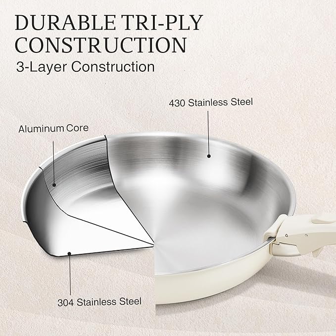 KITEXPERT Non Stick Stainless Steel Pan Set – 8", 10", 12" Tri-Ply Frying Pan Skillet with Removable Handles, PFOA-Free, Cream White Ceramic Exterior, Dishwasher safe, Compatible with All Stovetops