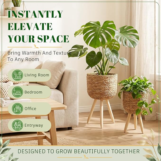 2 Pack Seagrass Plant Stand Set with Solid Wood Legs – Handwoven Boho Indoor Planter Basket Combo, Small & Large Decorative Flower Pot Holder for Living Room, Bedroom & Patio