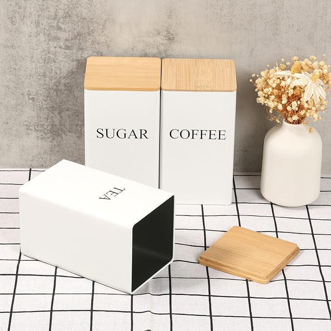 3 Pcs Coffee Tea Sugar Container Set, 1000 ML Metal Teas and Coffee Canisters Set with Bamboo Lids, Black Canisters Sets for Kitchen,Food Storage Container Jars for Kitchen Counter Storage (White)