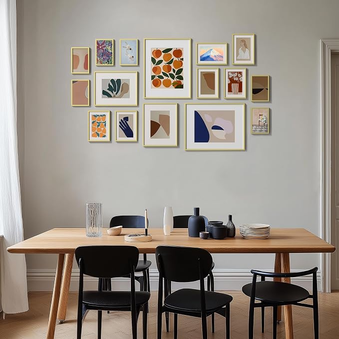eletecpro Aluminum Gallery Wall Frame Set of 16 with Glass Cover, Gold | Including 2Pcs 11x14, 2Pcs 8x10, 6Pcs 5x7, 6Pcs 4x6 Photo Frames, Multiple Sizes Picture Frames Collage Wall Decor, Tabletop