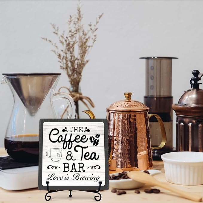 Coffee Bar Sign, Love is Brewing Farmhouse Tabletop Decor, Coffee and Tea Lover Gifts, 5x5 Wood Plaque with Iron Stand for Home Kitchen Cafe, Coffee Bar Decor – L08