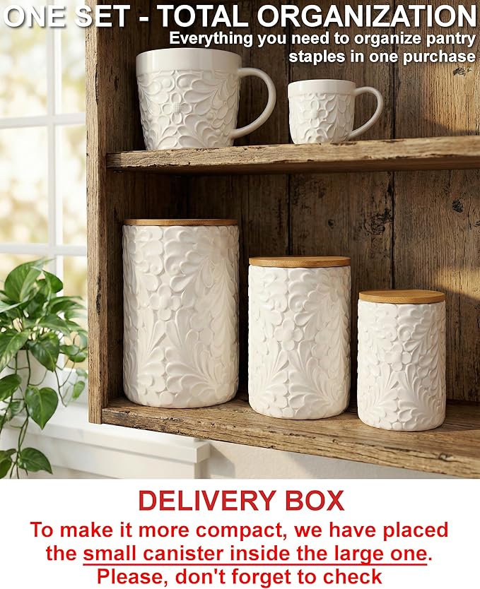 Engraved Design Kitchen Canisters Set of 3 with 74 Oz, 36 Oz, and 18 Oz - White Storage Jars for Countertop with Airtight Bamboo Lids - Large Flour Tea Coffee Sugar Spices Container - Decorative