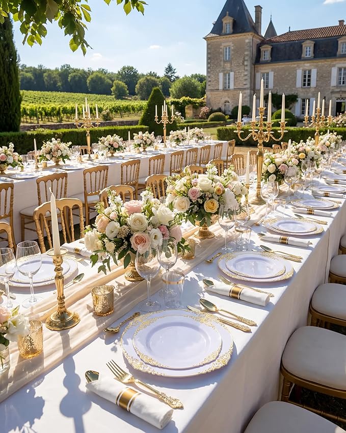 Nervure 350PCS Gold Plastic Plates - Gold Plastic Dinnerware Sets for 50 Guests - 100 Disposable Plates, 150 Silverware, 50 Cups, 50 Napkins for Wedding & Party & Mothers Day