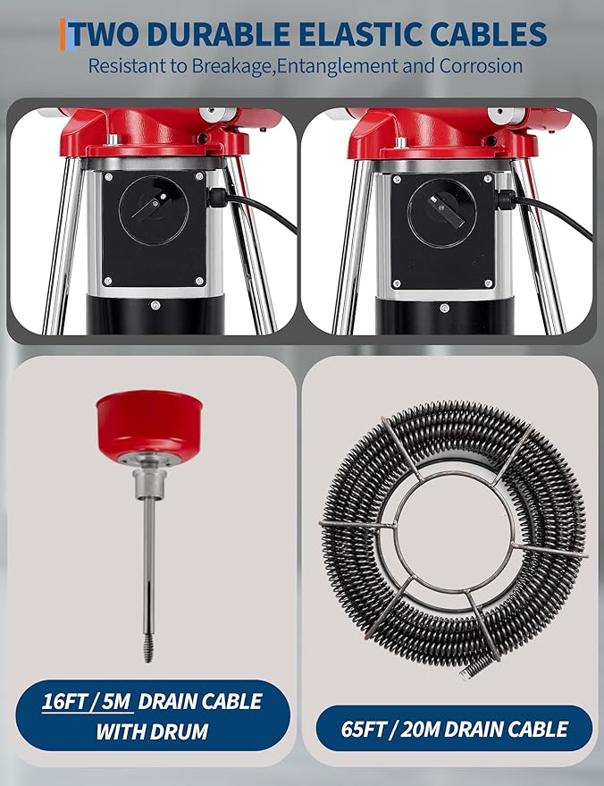 GarveeLife Electric Sewer Snake Drain Auger, Drain Cleaner Machine with 66FT x 5/8" & 16FT x 3/8" Steel Cables, 7 Cutters, 500w Power Auto Feed Pipe Snake for 3/4" to 4" Pipes for Sink Toilet Drainage