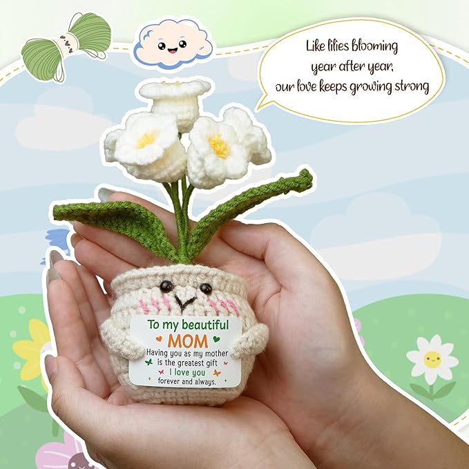 OASSIE Gifts for Mom from Daughter Son - Positive Crochet Lily Flower with Card - I Love You Mothers Day Birthday Gifts for Mother Mama Mother in Law, Emotional Support Crochet