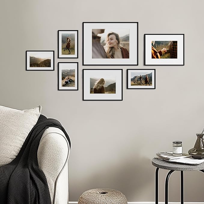 eletecpro Aluminum Gallery Wall Frame Set of 7 with Glass Cover, Black | Including 1Pc 11x14, 2Pcs 8x10, 4Pcs 5x7 Photo Frames, Multiple Sizes Picture Frames Collage Wall Decor or Tabletop Display