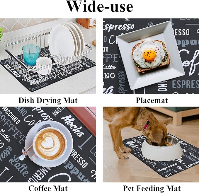 SHACOS Coffee Mat 2-Pack 12x19 Inch Absorbent Non Slip Coffee Maker Mats for Countertop Coffee Bar Accessories Dish Drying Mat Waterproof Heat Resistant, Chalkboard Black