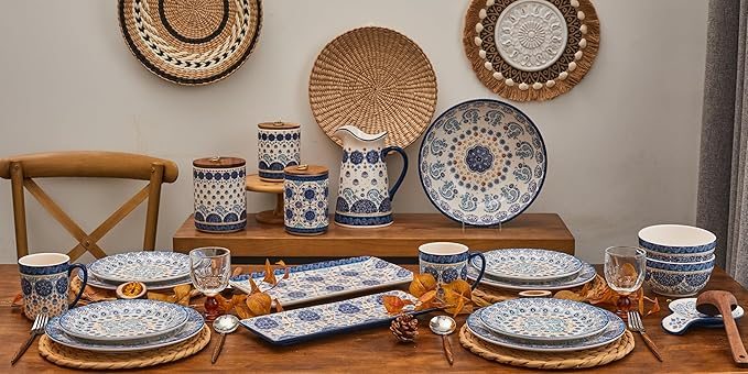 Bico Blue Talavera Ceramic Canister Set of 3 for Kitchen Counter, 62oz, 40oz, 32oz each, with Wooden Air Tight Lid, Food Storage Jar for storing Coffee, Tea, Spice, Dishwasher Safe