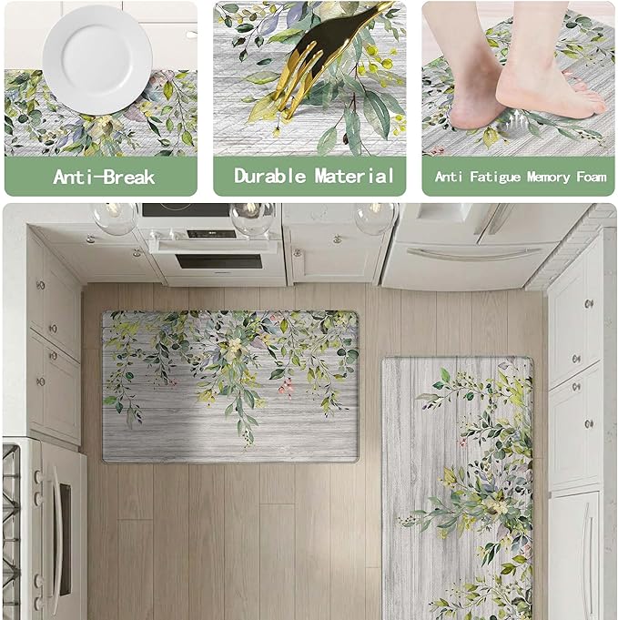 Kitchen Rug Mats for Floor Cushioned Anti Fatigue Green Eucalyptus Kitchen Rugs Sets of 2 Farmhouse Non Slip Waterproof Comfort Memory Foam Standing Floor Mat for Office Laundry Sink Desk