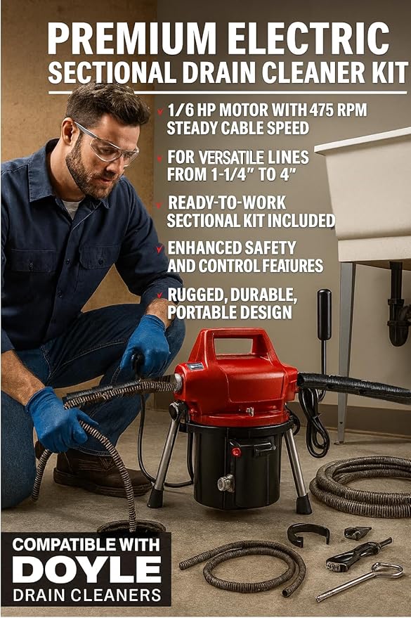 NEW! Premium Electric Sectional Drain Cleaner Machine Kit (70605), 1/6 HP, 475 RPM, 22.5 Ft 5/8" Cable, 5-Pc Cutter Set, Clears 1-1/4"–4" Lines – Compatible with DOYLE Drain Cleaners