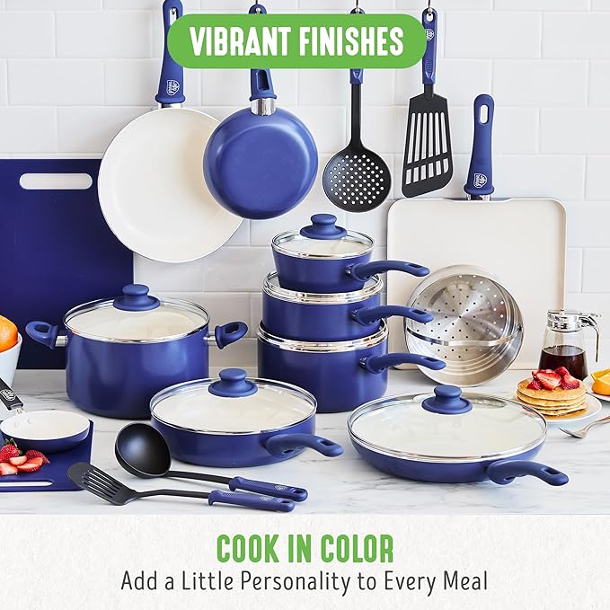 GreenLife Soft Grip 23 Piece Kitchen Cookware Pots and Frying Saucepans Set, Healthy Ceramic Nonstick PFAS and PFOA-Free, Dishwasher and Oven Safe, Even Heating, Easy Clean, Warp Control, Blue