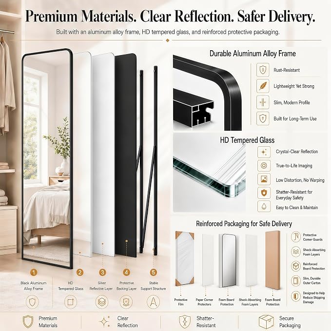 SCWF-GZ 57x20 Full Length Mirror Over The Door Hanging, Floor Stand/Wall Mounted Aluminum Alloy Frame Dressing Mirror for Bedroom Living Room 57 inch Black