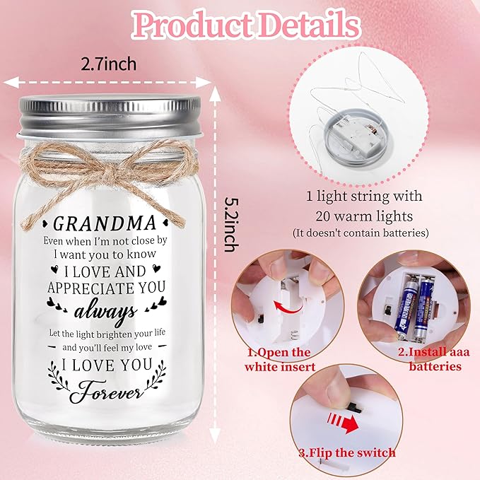 Grandma Gifts for Grandma Mothers Day Birthday Christmas Valentines Day Gifts for Grandmas Grandmother Mason Jar Night Light Home Decor