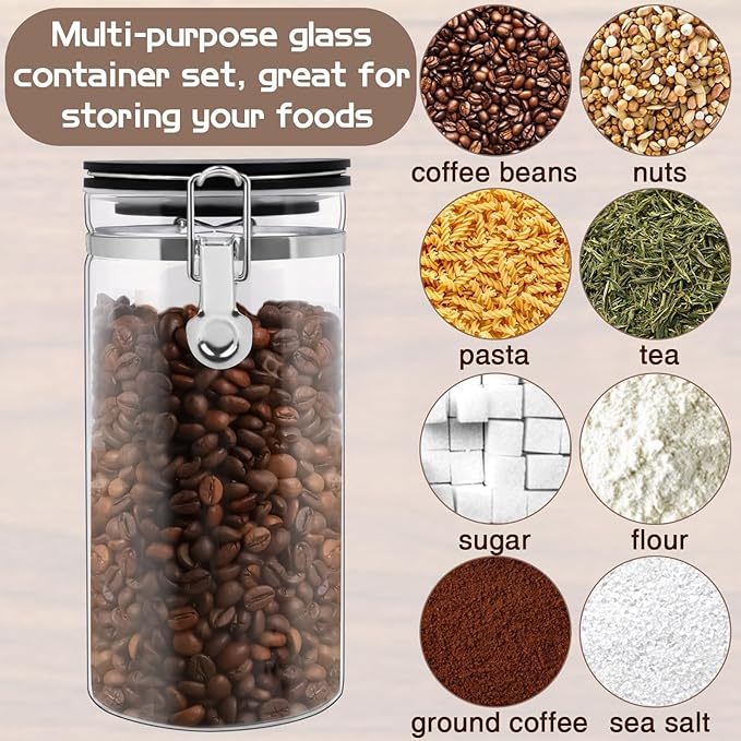 WYTAOHZL 2PCS Glass Coffee Containers with Shelf 54 oz Coffee Station Organizer Glass Bean Storage with Spoon Canister Set Jars with Airtight Locking Clamp for Bean Sugar Nuts