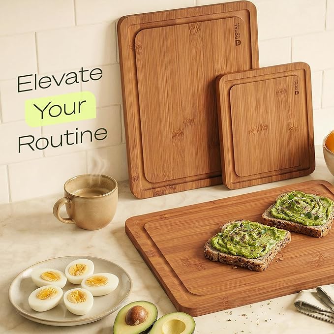 ROYAL CRAFT WOOD Wooden Cutting Boards for Kitchen Meal Prep & Serving - Bamboo Wood Cutting Board Set with Deep Juice Groove Side Handles - Charcuterie & Chopping Butcher Block for Meat (Set of 3)