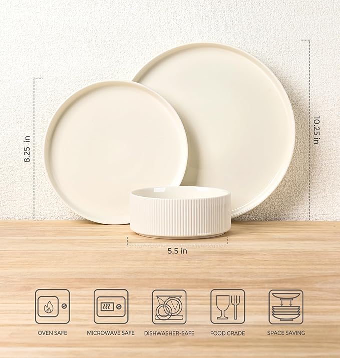TheTerra Ceramic Dinnerware Sets for 4, 12 Pieces Porcelain Lightweight Plates and Bowls Sets, Scratch Resistant Dish Set, Oven & Microwave & Dishwasher Safe, Beige
