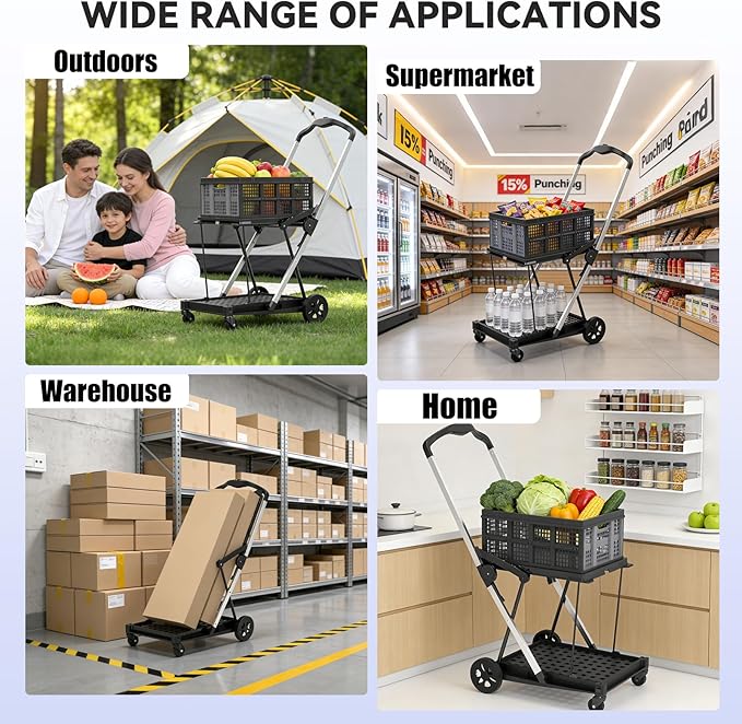 Collapsible Shopping Cart with Wheels,2 Tier Multi Use Foldable Shopping Cart with 2 Storage Crates,Folding Shopping Trolley Utility Cart for Office,Groceries, Warehouse,Supermarket,Picnic (Grey)